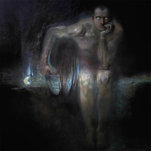Dark, moody figurative artwork showing a pale, semi-transparent human figure standing in a shadowy environment, with a draped cloth obscuring part of the body and a small glowing crescent moon-like light on the left.