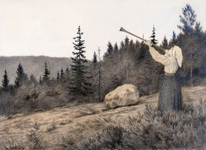 Op under Fjeldet toner en Lur (Up in the Hills a Clarion Call rings out) by Theodor Kittelsen - Art Print - Zapista