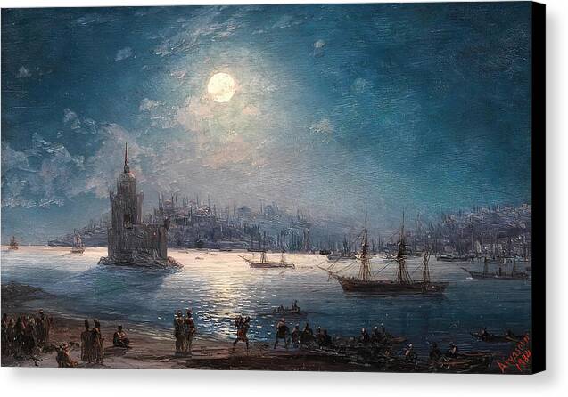 A View of the Bosporus with the Hagia Sophia and the Maiden's Tower in the Moonlight - Canvas Print