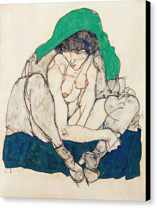 Crouching Woman with Green Headscarf - Canvas Print