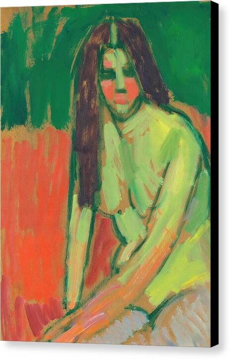 Half-Nude Figure With Long Hair Sitting Bent - Canvas Print