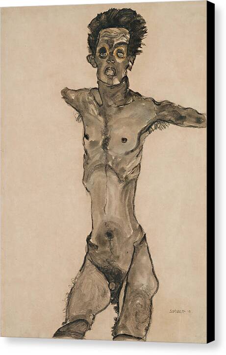 Nude Self-Portrait in Gray with Open Mouth - Canvas Print