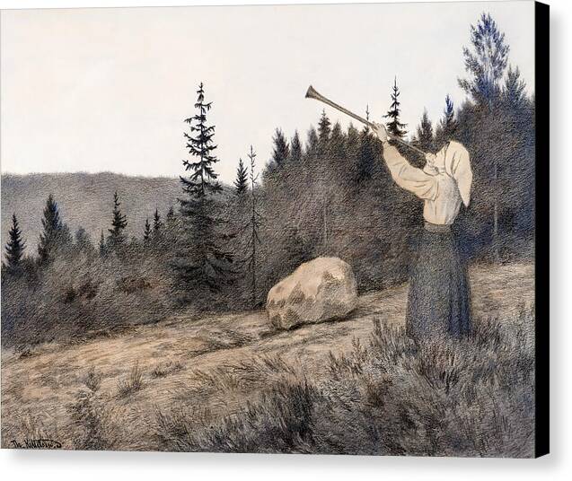 Op under Fjeldet toner en Lur - Canvas Print