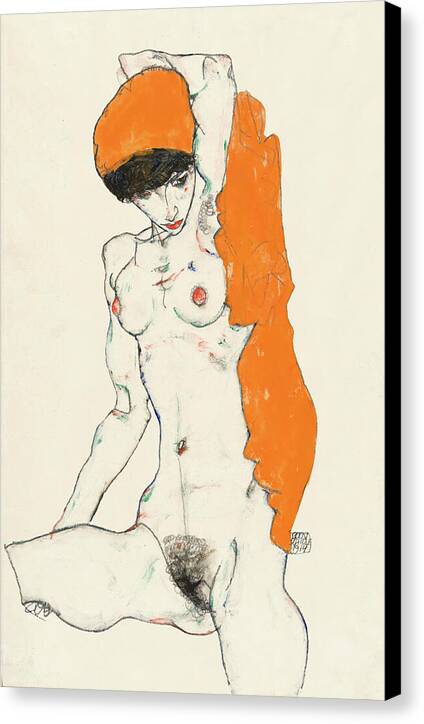 Standing Nude with Orange Drapery - Canvas Print
