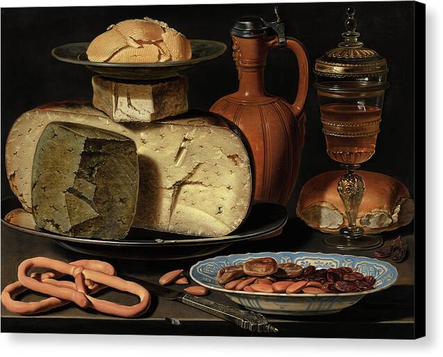 Still Life with Cheeses, Almonds and Pretzels - Canvas Print