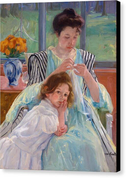 Young Mother Sewing - Canvas Print
