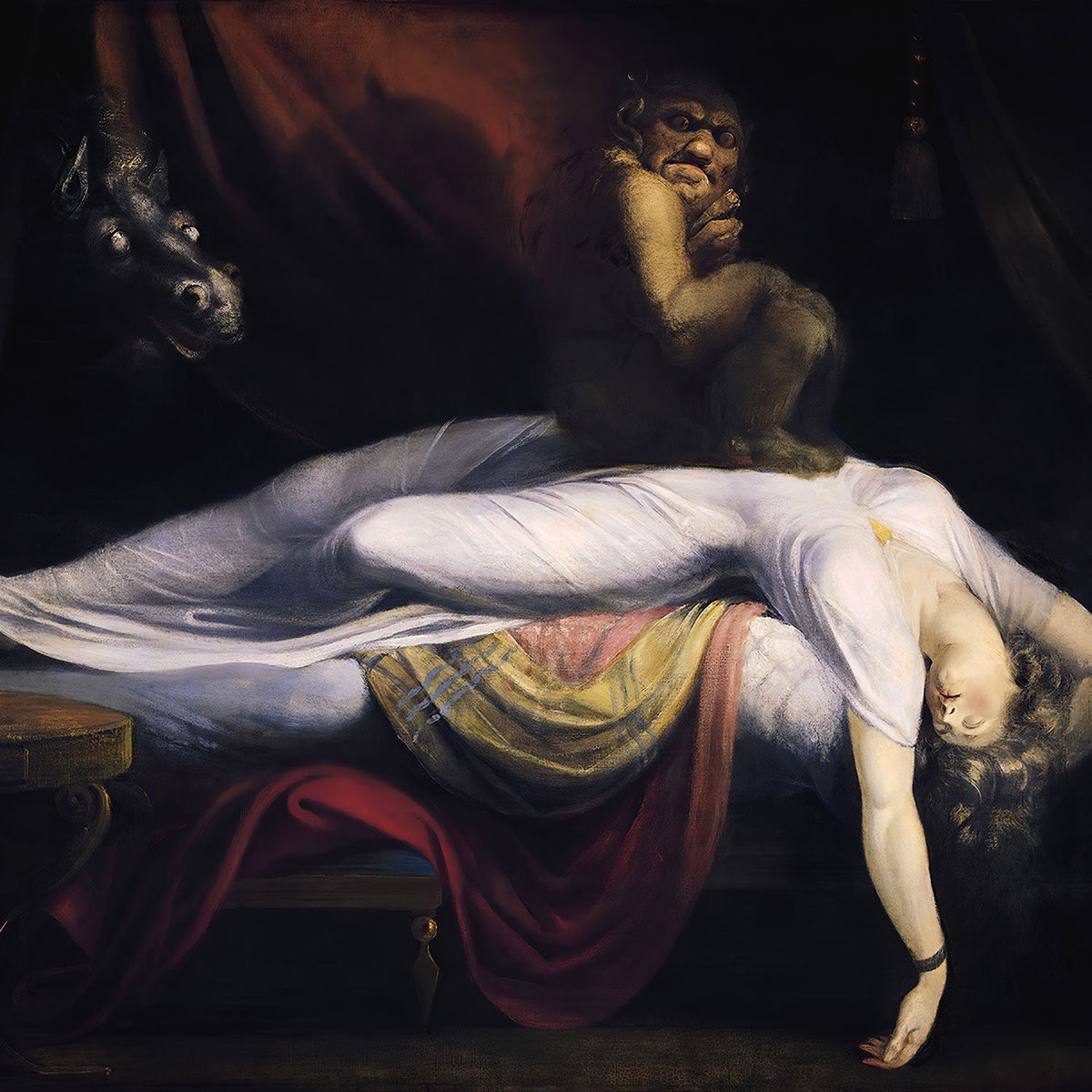 Henry Fuseli’s The Nightmare, showing a sleeping woman with an incubus on her chest and a ghostly horse emerging from the darkness.
