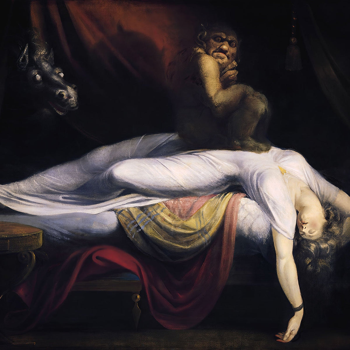 Henry Fuseli’s The Nightmare, showing a sleeping woman with an incubus on her chest and a ghostly horse emerging from the darkness.
