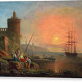 A Coastal Landscape at Sunset with Fisherfolk by the Shore - Canvas Print