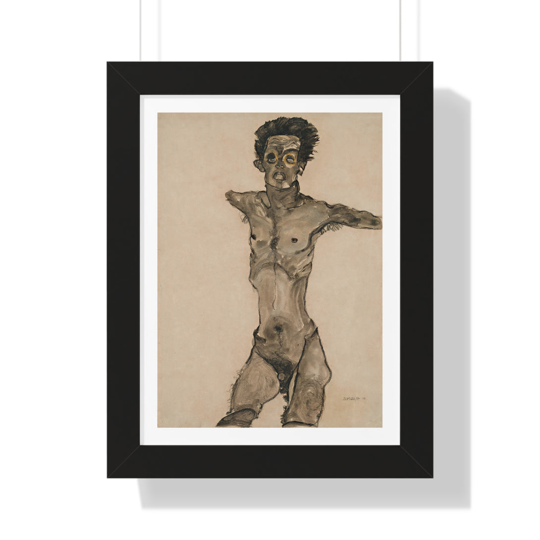 Nude Self-Portrait in Gray with Open Mouth by Egon Schiele - Framed Print - Zapista