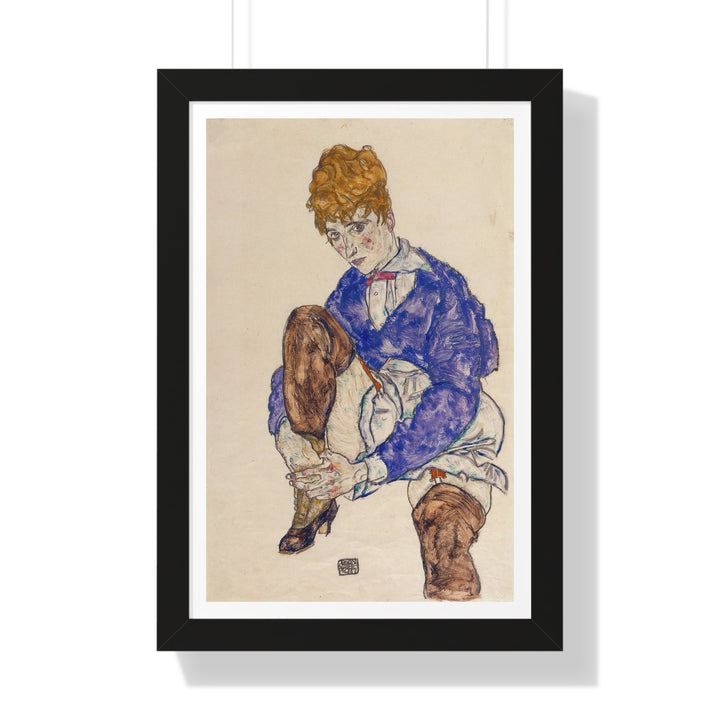 Portrait of the Artist's Wife Seated, Holding Her Right Leg by Egon Schiele - Framed Print - Zapista