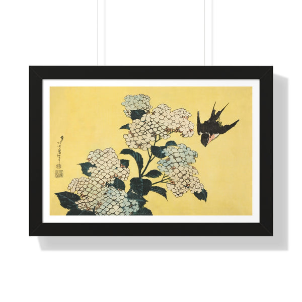 Hydrangea and Swallow, from an untitled series of large flowers by Katsushika Hokusai - Framed Print - Zapista