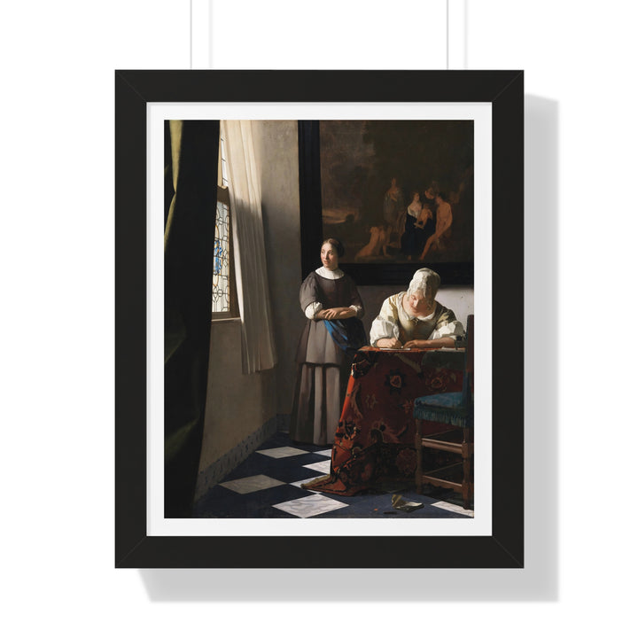 Lady writing a letter with her maid by Johannes Vermeer - Framed Print - Zapista