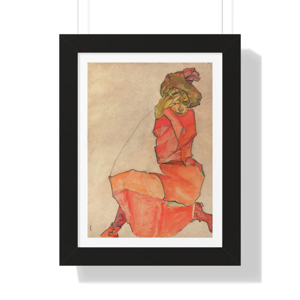 Kneeling Female in Orange-Red Dress by Egon Schiele - Framed Print - Zapista