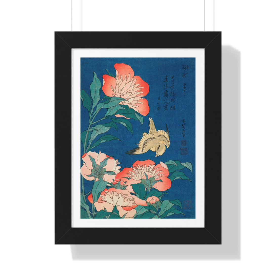 Peonies and Canary (Shakuyaku, kanaari), from an untitled series known as Small Flowers by Katsushika Hokusai - Framed Print - Zapista