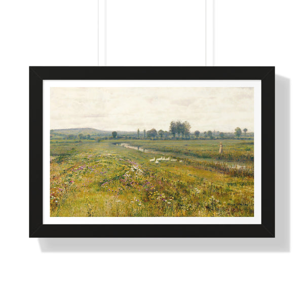 An Extensive Meadow Landscape with Geese by a Stream by John Atkinson Grimshaw - Framed Print - Zapista