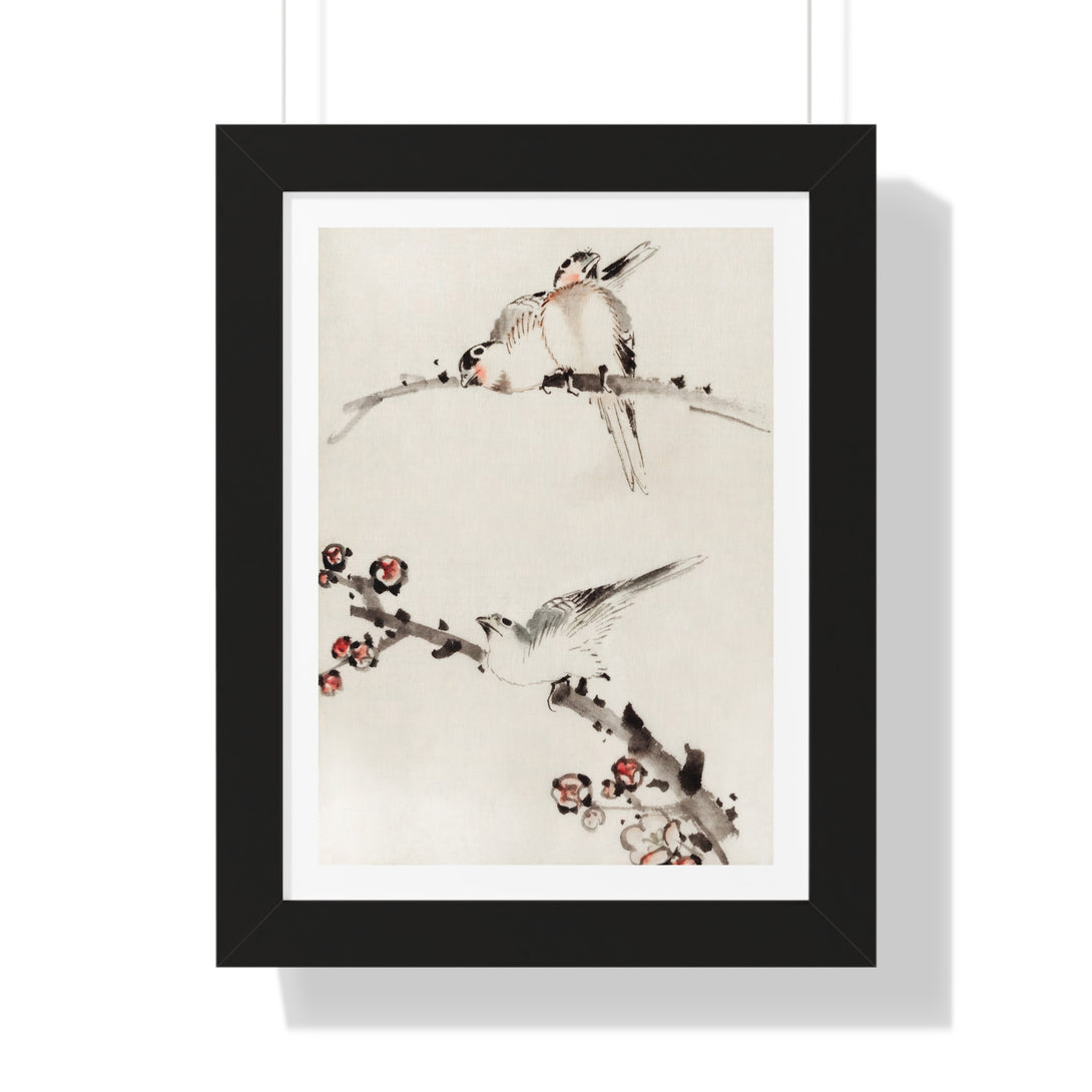 Three Birds Perched on Branches, one with blossoms by Katsushika Hokusai - Framed Print - Zapista