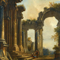 A Capriccio Of Classical Ruins With Three Men Conversing At The Steps Of A Temple by Giovanni Niccolo Servandoni - Art Print - Zapista