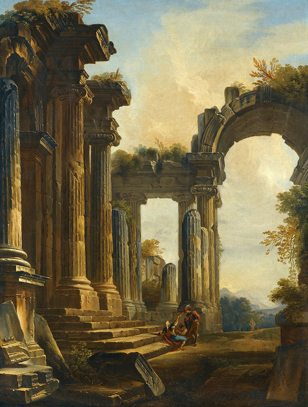 A Capriccio Of Classical Ruins With Three Men Conversing At The Steps Of A Temple by Giovanni Niccolo Servandoni - Art Print - Zapista