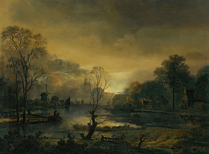 A River Landscape At Sunset With Fishermen Drawing In Their Net In The Foreground, Windmills Beyond by Aert van der Neer - Art Print - Zapista