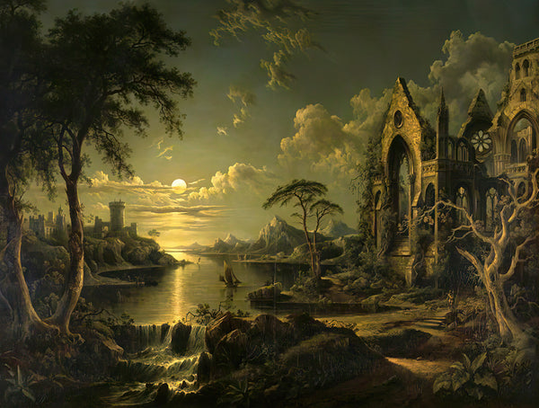 A Ruined Gothic Church beside a River by Moonlight by Sebastian Pether - Art Print - Zapista