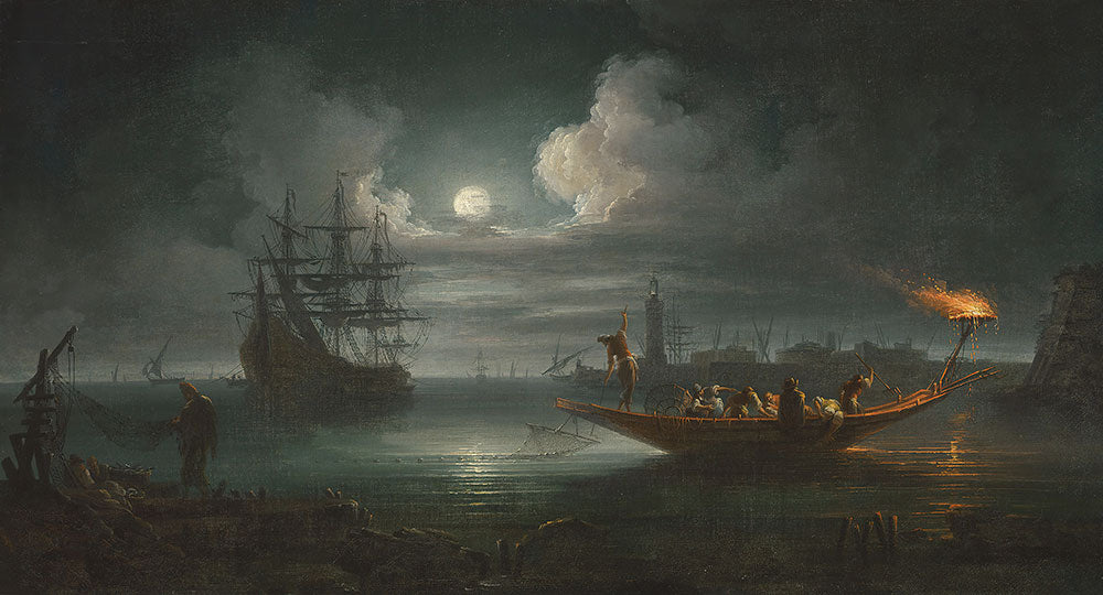 A Moonlit Mediterranean Harbour with Fishermen Pulling in their Catch by Francesco Fidanza - Art Print - Zapista