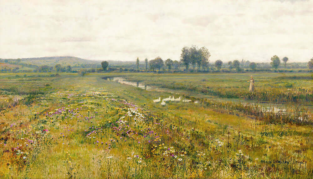 An Extensive Meadow Landscape with Geese by a Stream by John Atkinson Grimshaw - Art Print - Zapista