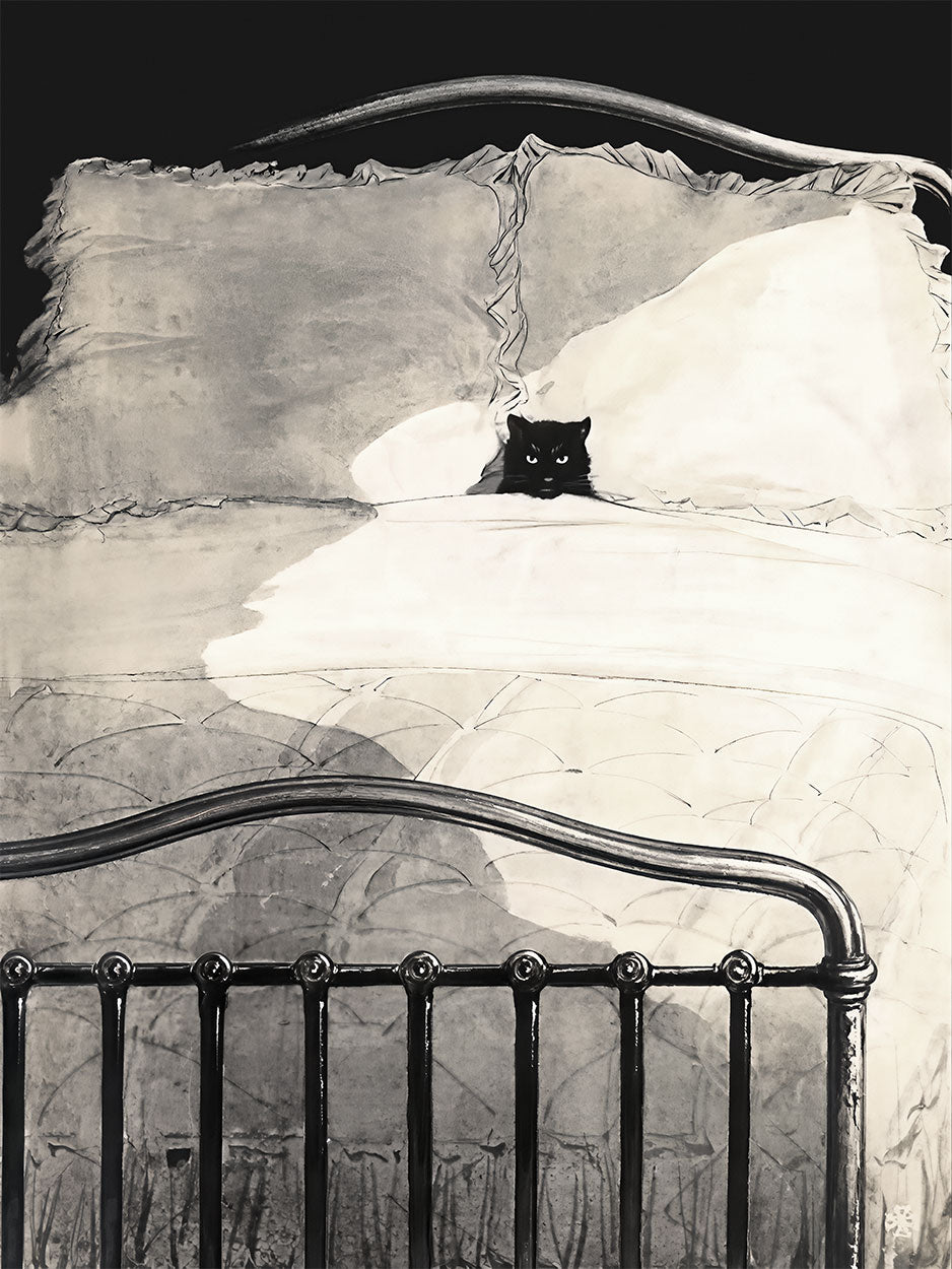 A monochrome artwork depicting a black cat peeking out from a bed with white bedding and dark metal bed rails, rendered in a sketch-like style against a dark background.
