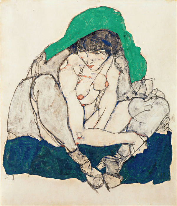 Crouching Woman with Green Headscarf by Egon Schiele - Art Print - Zapista