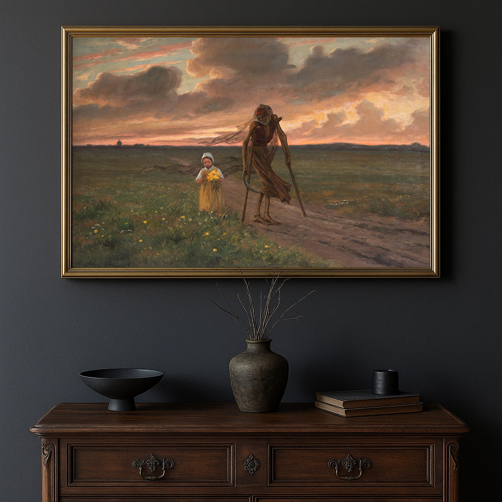 A framed art print depicting a dramatic landscape scene with a skeletal figure and a child under a cloudy sunset sky, displayed on a dark wall above a wooden console table with decorative objects.