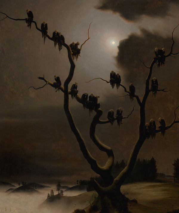 Silhouette of a tree with birds against a moonlit sky