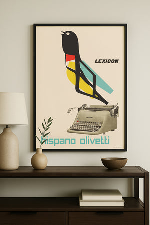 A framed vintage-style poster hangs on a light gray wall above a dark wood console table. The poster features a black bird silhouette with red, yellow, and teal geometric accents, a beige typewriter, the word 'LEXICON' at the top, and 'bisano olivetti' at the bottom.