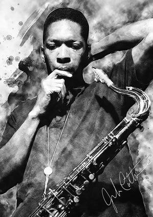 Black and white watercolor-style portrait print of jazz saxophonist John Coltrane holding a saxophone, with his signature visible in the lower right corner.