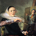 Portrait of a woman painting a man playing a violin, with a small easel and painting materials.
