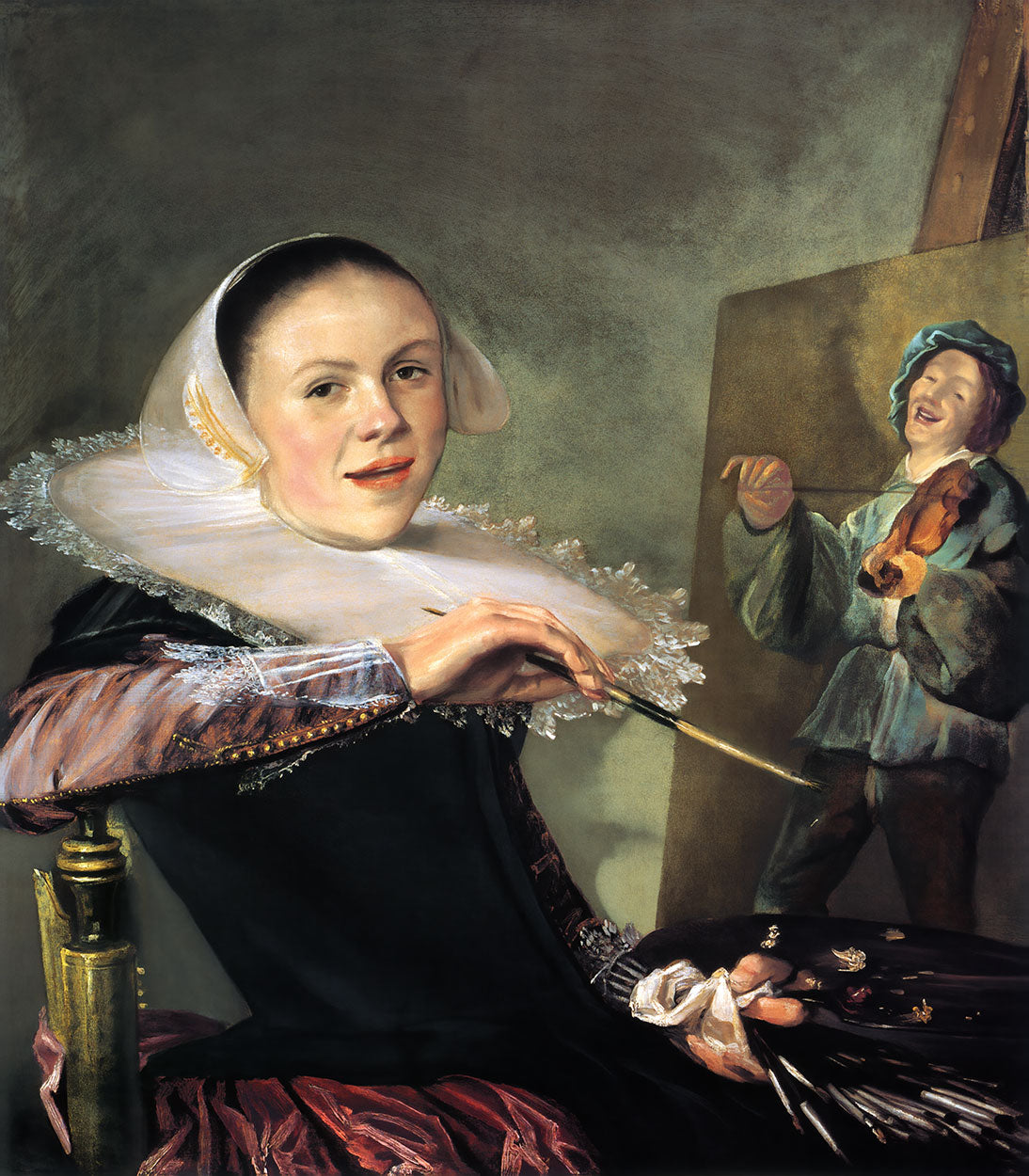 Portrait of a woman painting a man playing a violin, with a small easel and painting materials.