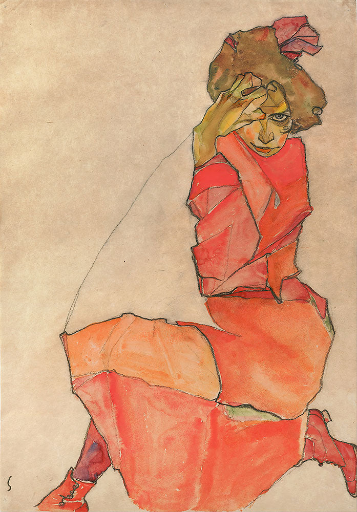 Kneeling Female in Orange-Red Dress by Egon Schiele - Art Print - Zapista