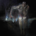 Dark, moody figurative artwork showing a pale, semi-transparent human figure standing in a shadowy environment, with a draped cloth obscuring part of the body and a small glowing crescent moon-like light on the left.