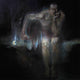 Dark, moody figurative artwork showing a pale, semi-transparent human figure standing in a shadowy environment, with a draped cloth obscuring part of the body and a small glowing crescent moon-like light on the left.