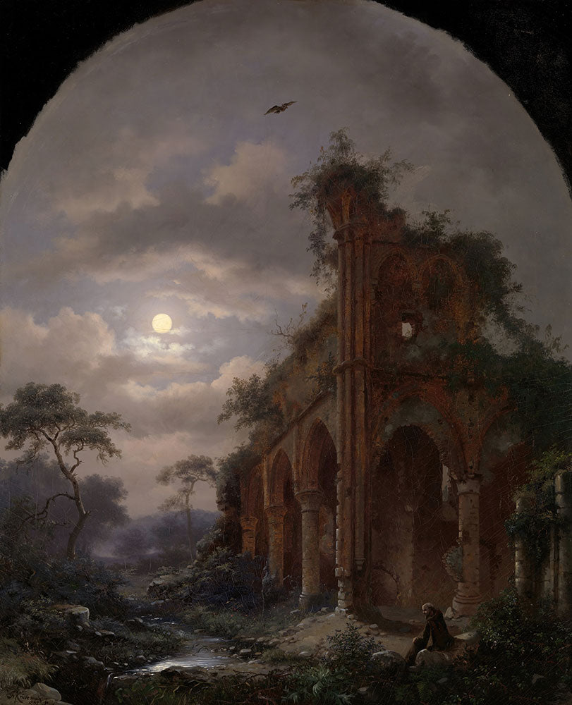 Monk Meditating Near a Ruin by Moonlight by Frederik Marinus Kruseman - Art Print - Zapista