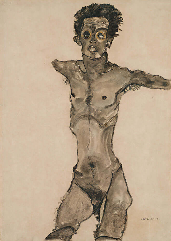 Nude Self-Portrait in Gray with Open Mouth by Egon Schiele - Art Print - Zapista