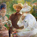 Impressionist oil painting depicting three people outdoors in a garden or park setting, rendered in soft, painterly brushstrokes with green foliage, a woman in a white dress and hat, a man in a straw hat, and another figure in a pink dress.