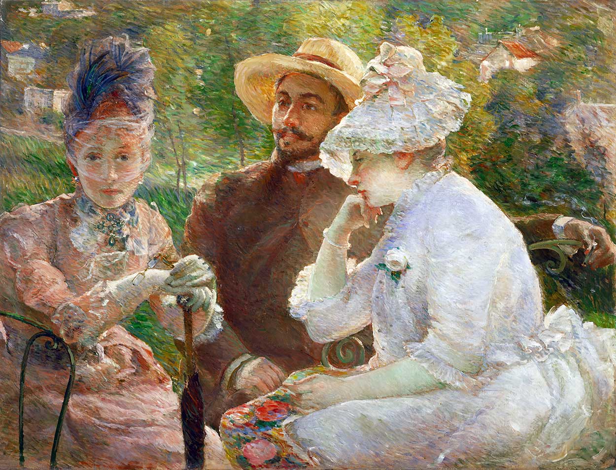 Impressionist oil painting depicting three people outdoors in a garden or park setting, rendered in soft, painterly brushstrokes with green foliage, a woman in a white dress and hat, a man in a straw hat, and another figure in a pink dress.