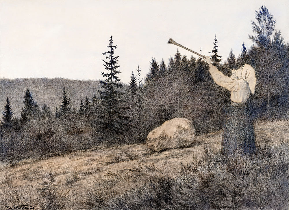 Op under Fjeldet toner en Lur (Up in the Hills a Clarion Call rings out) by Theodor Kittelsen - Art Print - Zapista