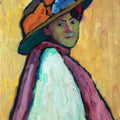 An expressive oil painting of a woman in profile wearing a wide-brimmed hat with orange, green, and blue feathers, a white dress, and a pink cloak against a textured yellow background. Signed 'Munter' in the lower right corner.