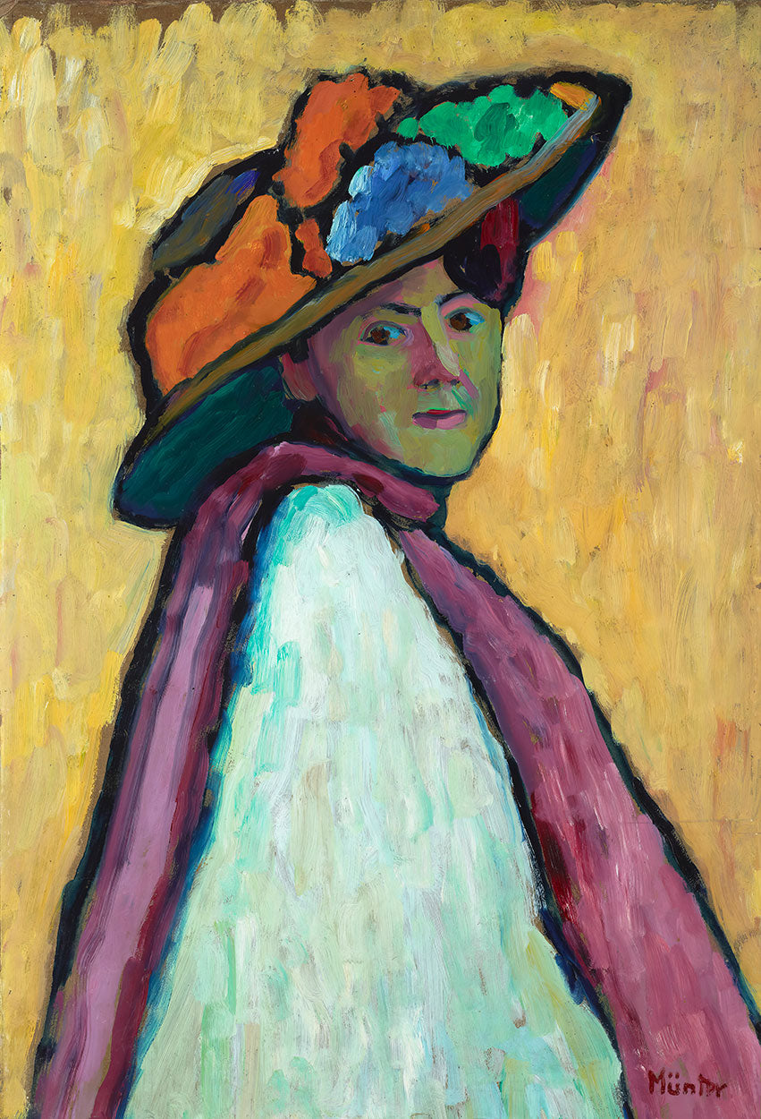 An expressive oil painting of a woman in profile wearing a wide-brimmed hat with orange, green, and blue feathers, a white dress, and a pink cloak against a textured yellow background. Signed 'Munter' in the lower right corner.