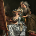 A classical painting depicting three women in 18th-century attire gathered around an easel, with one seated woman in a silver gown holding a palette and the others observing. The scene is rendered in warm, painterly tones with a dark background.