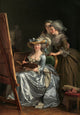 A classical painting depicting three women in 18th-century attire gathered around an easel, with one seated woman in a silver gown holding a palette and the others observing. The scene is rendered in warm, painterly tones with a dark background.