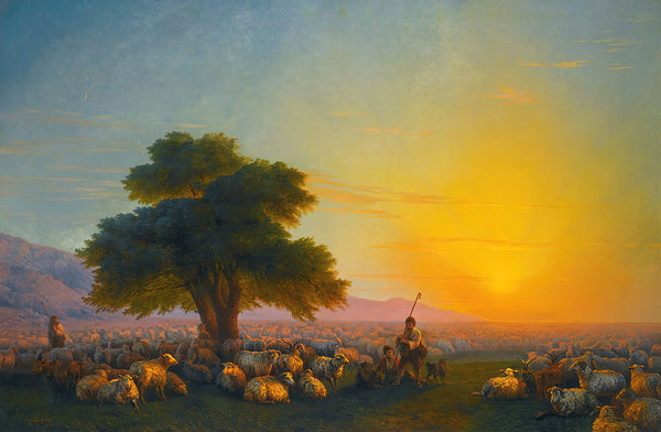 Shepherds With Their Flock At Sunset - Art Print - Zapista