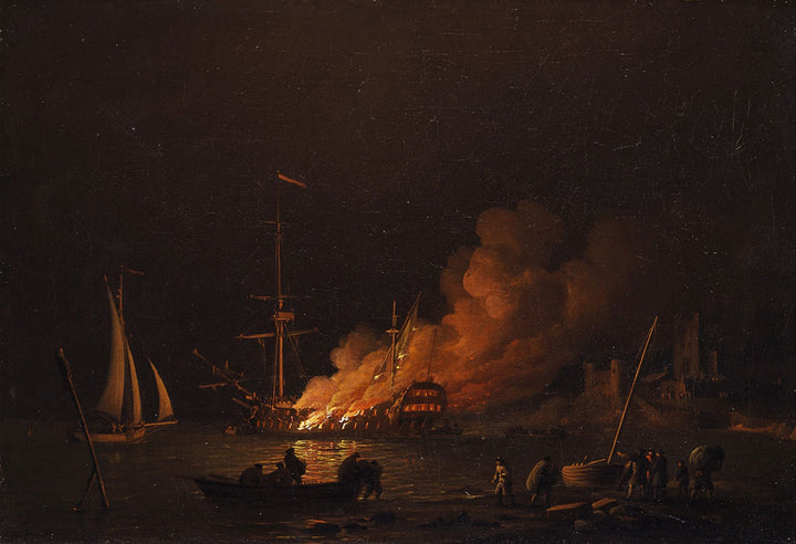 Ship on Fire at Night by Charles Brooking - Art Print - Zapista