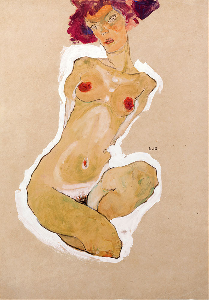 Squatting Female Nude by Egon Schiele - Art Print - Zapista